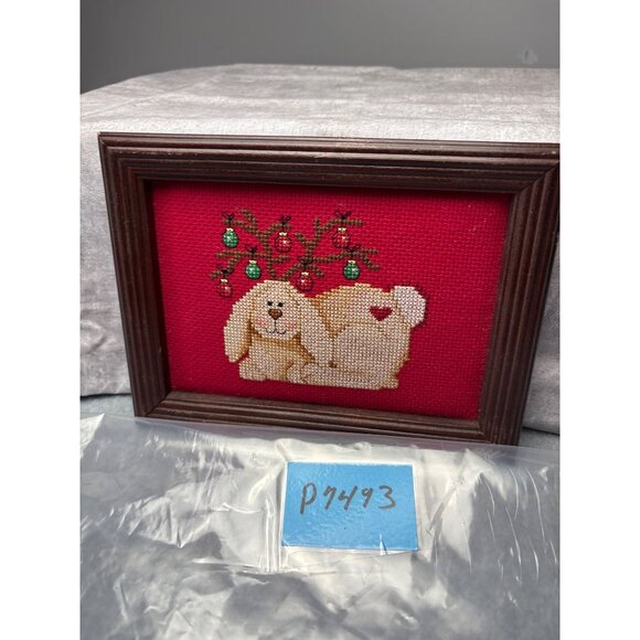 8" x 6"Framed Cross Stitch Bunny Ornament Antlers on Red Background - Picture 12 of 12